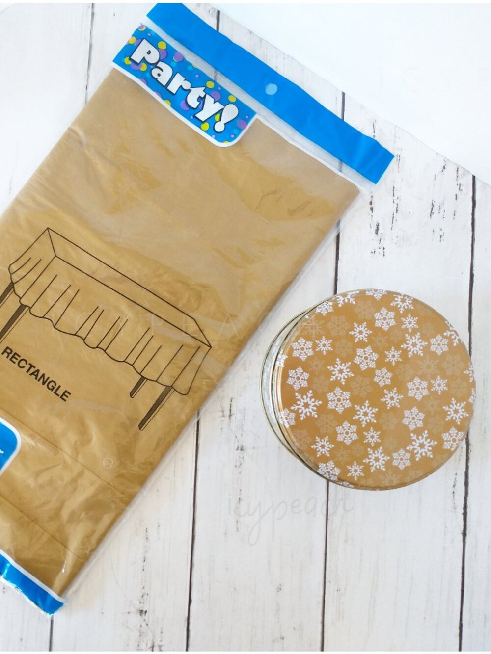Party! Plastic Table Cover 54”x108” and Round Gift Tin Gold White Winter Holiday